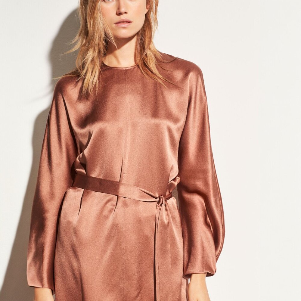 NWT Vince Satin Silk Tunic Top in Terracotta Brown Front Seam Size S $325